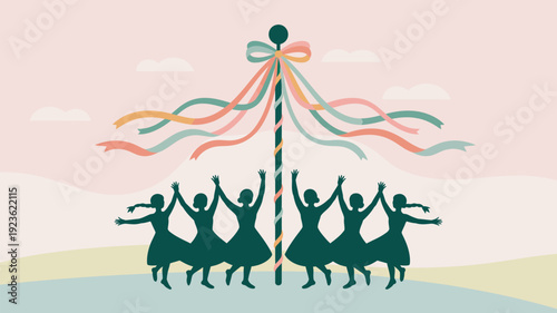 A group of people dancing around a maypole with colorful ribbons in a festive outdoor setting.