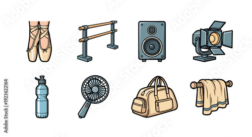 A collection of ballet and fitness icons including ballet shoes, a water bottle, a fan, and gym equipment in flat modern vector style, suitable for dance studio branding and fitness applications