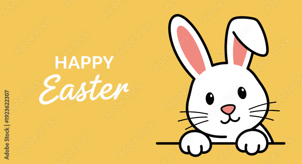 Obraz premium A cute cartoon Easter bunny with the text 'Happy Easter' in a modern flat vector style, perfect for greeting cards and festive decorations