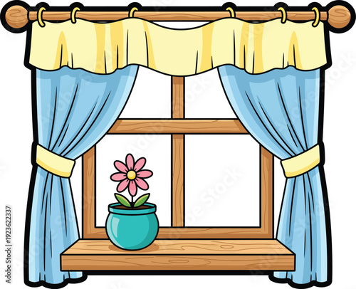 Charming Cartoon Window with Blue Drapes Yellow Valance and a Flowerpot on the Sill.