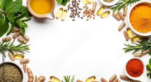 A white background with a variety of herbs and spices. There are several bottles of vitamins and supplements