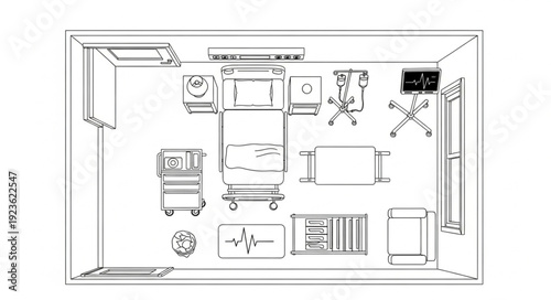 Detailed overhead view of a hospital room with medical equipment and bed.