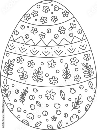 Outline drawing of a beautifully decorated Easter egg featuring intricate floral patterns and decorative horizontal band designs for coloring pages