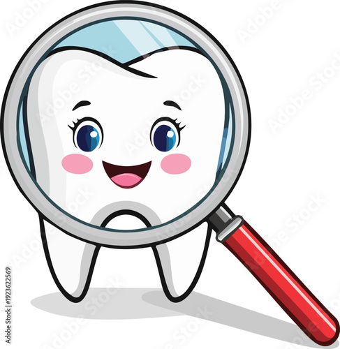 Magnifying glass examining cute smiling healthy tooth, dental diagnostic icon, clean vector  