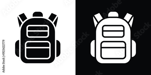 Minimalist school backpack icon in black and white. Simple vector illustration of a rucksack for education and travel UI.