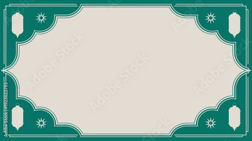 An ornate green rectangular frame with intricate scrollwork encloses a light cream space, featuring decorative lanterns and starbursts in its corners.