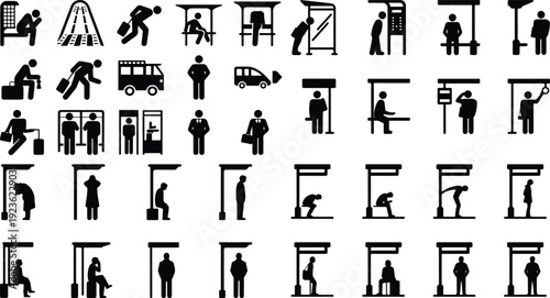 Bus Stop Pictogram Silhouette Icon Set Public Transport Waiting Silhouette Vector Pack