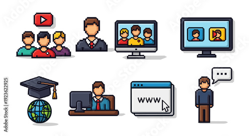 A set of educational and communication icons featuring a graduation cap, people, computers, and video screens in colorful flat vector style, ideal for online learning and technology projects