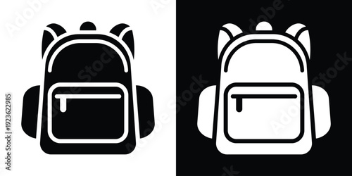Minimalist school backpack icon in black and white. Simple vector illustration of a rucksack for education and travel UI.