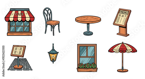 A collection of cafe elements including tables, chairs, menus, and decor in colorful hand-drawn vector style, ideal for restaurant branding and design