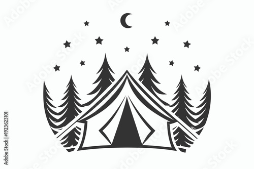 silhouette displays a tent among trees beneath a crescent moon and stars
