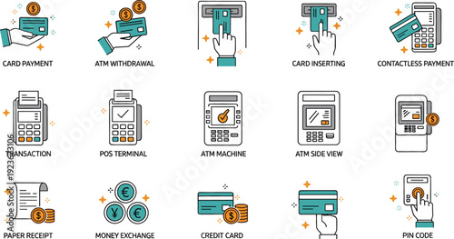 ATM and Digital Payment Icon Set with Card Payment, Cash Withdrawal, Contactless Transaction, POS Terminal and Banking Finance Symbols