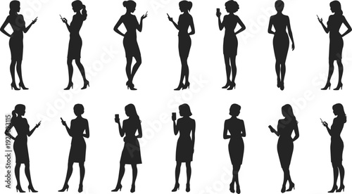 Businesswoman smartphone silhouette vector illustration set, professional icons with mobile devices, stylish artwork, decorative graphics, communication motifs