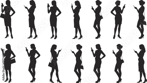 Businesswoman smartphone silhouette vector illustration set, professional icons with diverse poses, stylish artwork, decorative graphics, communication motifs