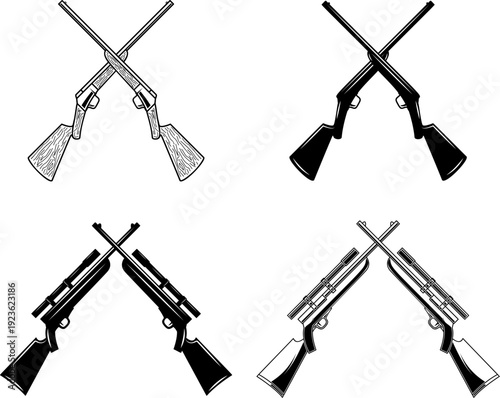 A set of four black and white vector illustrations featuring crossed hunting rifles and sniper guns. These detailed, minimalist weapon silhouettes are ideal for hunting logos.