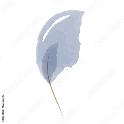 A solitary watercolor leaf features soft periwinkle and blue tones, highlighted by a slender brown stem. Translucent washes create a gentle, ethereal effect against a clean white backdrop.