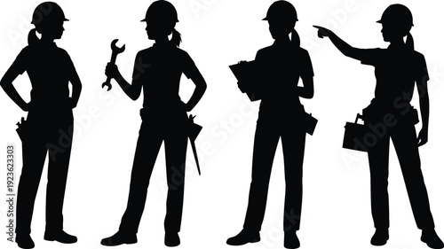 Construction worker silhouette vector illustration set, industrial icons with tools and hard hats, professional artwork, decorative graphics, engineering motifs