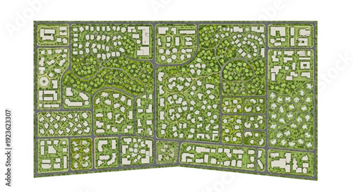 Detailed architectural plan of a city with green spaces and buildings.