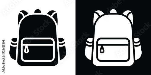 Minimalist school backpack icon in black and white. Simple vector illustration of a rucksack for education and travel UI.