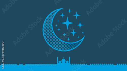 A beautifully stylized blue crescent moon with an intricate geometric pattern and sparkling stars floats above a mosque silhouette on a dark blue background.