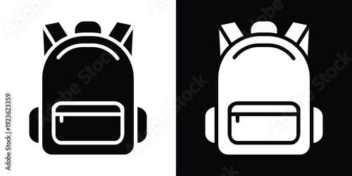 Minimalist school backpack icon in black and white. Simple vector illustration of a rucksack for education and travel UI.