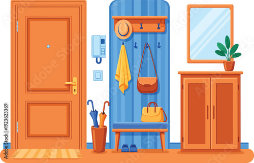 Cozy Home Entryway Illustration with Wooden Door Blue Coat Rack Cabinet and Hallway Furniture.