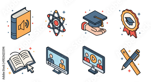 A collection of educational icons including a book, graduation cap, and science symbols in colorful vector style, perfect for online learning platforms