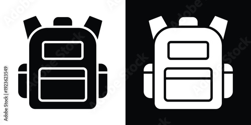 Minimalist school backpack icon in black and white. Simple vector illustration of a rucksack for education and travel UI.