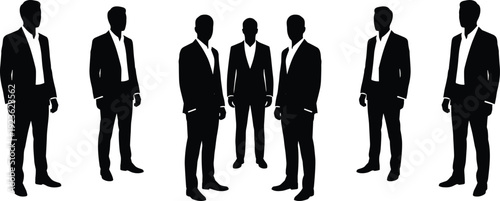 Silhouette of professional businessmen in smart casual suits without ties, flat vector illustration group of male entrepreneurs, leadership and corporate teamwork concept (22 words)