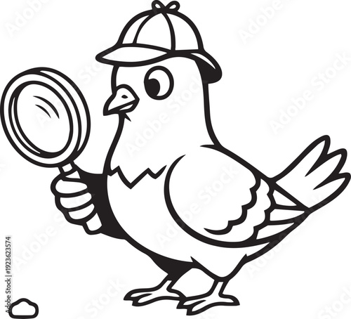 Cute Cartoon Pigeon Detective Holding a Magnifying Glass