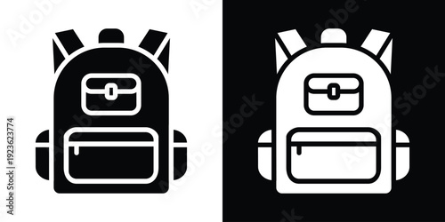 Minimalist school backpack icon in black and white. Simple vector illustration of a rucksack for education and travel UI.