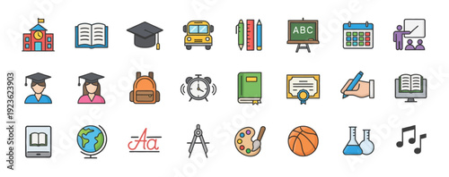 Collection of education and activity icons displayed on a clean white background from a straightforward viewpoint