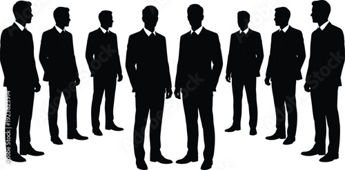 Silhouette of professional businessmen standing in formal suits, flat vector illustration group of male entrepreneurs, corporate leadership and successful teamwork concept (23 words)