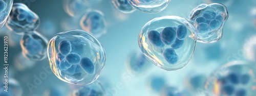 Blue transparent cells with visible nuclei represent biology, cellular structure, medical research and microscopic science concept. banner 