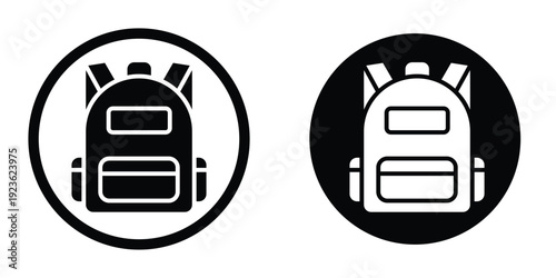 Circular backpack icon set. Black and white round symbols representing school bags, luggage storage, or hiking gear locations.
