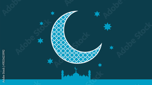 A prominent white crescent moon with an intricate geometric pattern and scattered stars gracefully hovers above a mosque silhouette on a dark teal background.