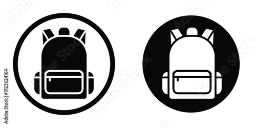 Circular backpack icon set. Black and white round symbols representing school bags, luggage storage, or hiking gear locations.