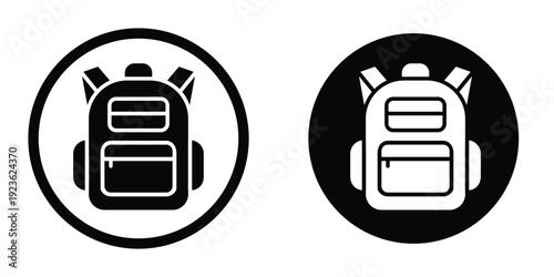 Circular backpack icon set. Black and white round symbols representing school bags, luggage storage, or hiking gear locations.
