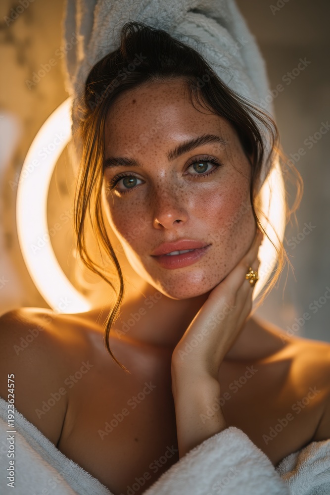 Fototapeta premium Natural Beauty Illuminated: Freckles and a Gentle Glow generated by AI