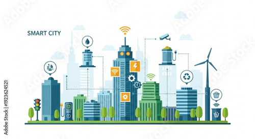 Smart cityscape with sustainable architecture and technology integration featuring wind turbine and eco friendly buildings
