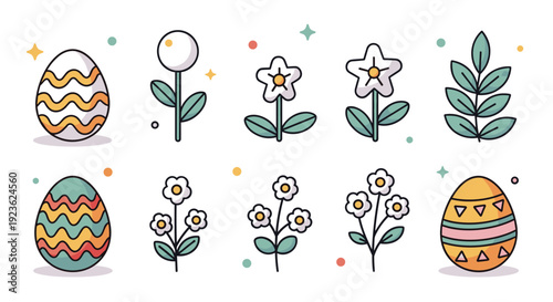 A collection of decorative Easter eggs and flowers in bright pastel colors with a minimalist outline style, perfect for spring-themed projects