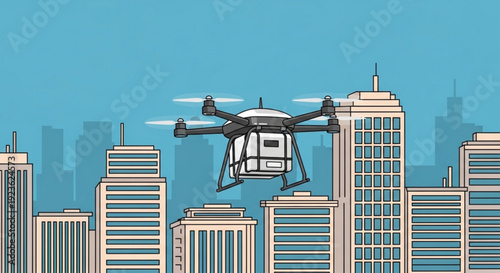 Drone flying over city skyscrapers with blue sky background modern urban landscape with tall buildings