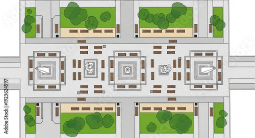 Urban architectural design featuring symmetrical buildings and green spaces, top view.