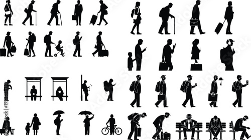Bus Stop Pictogram Silhouette Icon Set Public Transport Waiting Silhouette Vector Pack