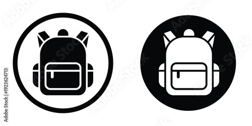 Circular backpack icon set. Black and white round symbols representing school bags, luggage storage, or hiking gear locations.