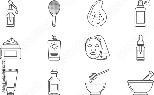 Beauty and Skincare Line Icon Set with Cosmetic Bottles, Cream Tube, Face Mask, Serum Dropper and Spa Treatment Symbols Vector Collection