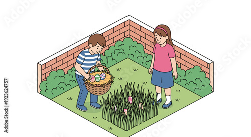 A scene of children collecting colorful Easter eggs in a garden with grass and flowers in a flat cartoon vector style, ideal for seasonal celebrations and family themes