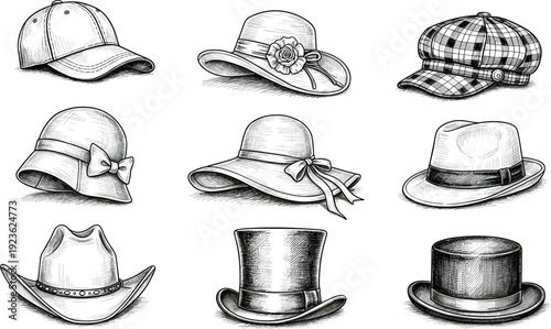 Vintage hats collection, fashion headwear set illustration, baseball cap fedora cowboy top hat styles isolated on white background
