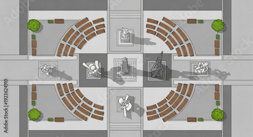 Architectural urban design featuring symmetrical layout with seating areas and statues.