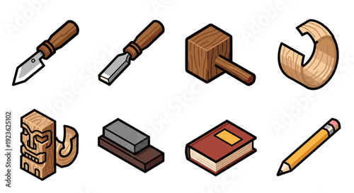 A collection of woodworking tools including chisels, a knife, and a pencil in colorful cartoon vector style, ideal for art and design projects